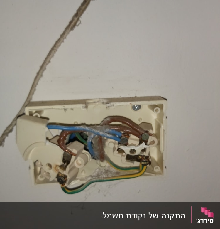חוטי חשמל חשופים בקופסת חיבורים על קיר